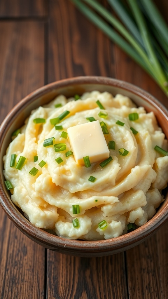 Creamy Irish mashed potatoes with cabbage, garnished with scallions, served in a rustic bowl.